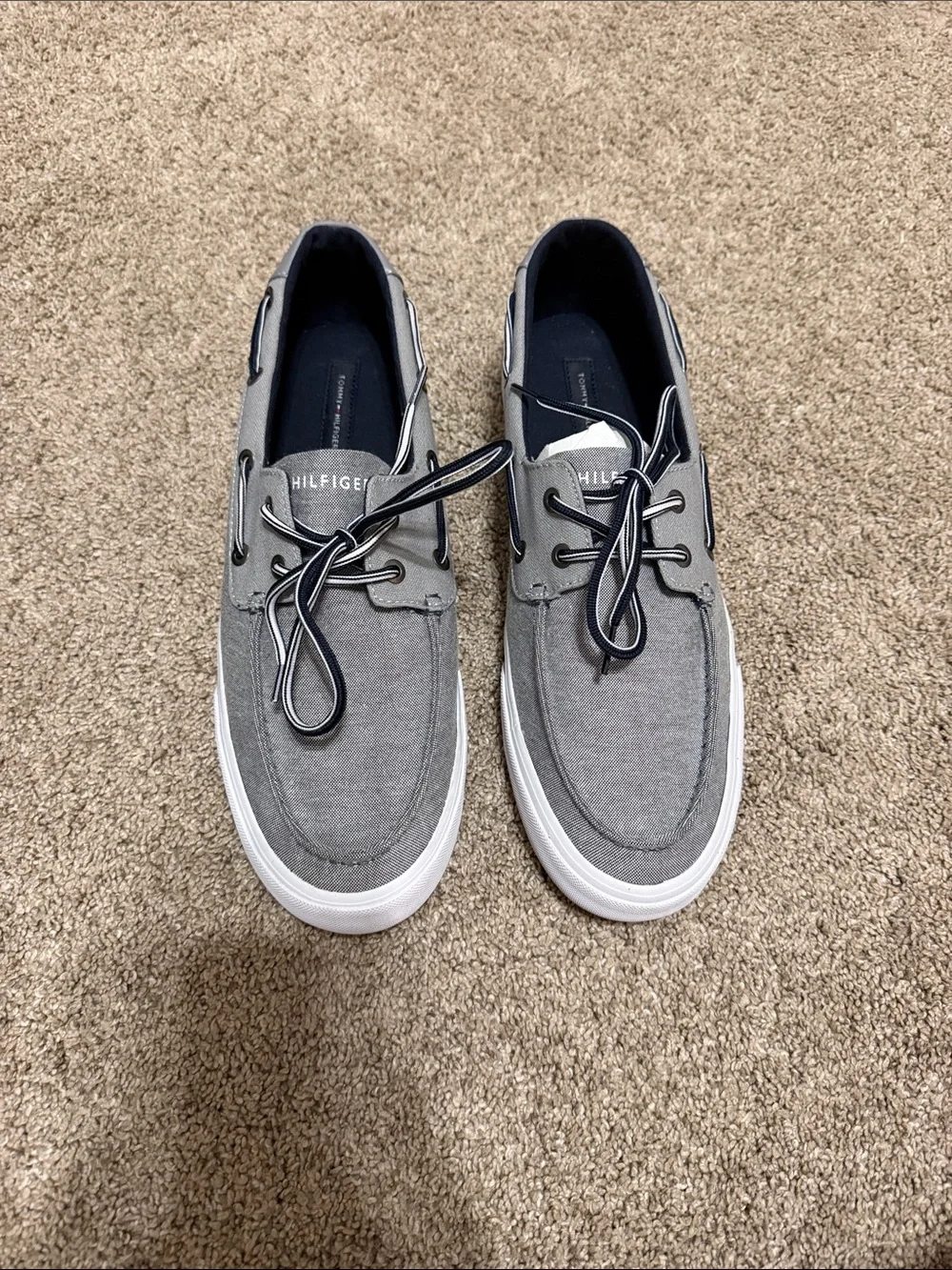 Tommy Hilfiger Men's Gray Canvas Lace-Up Boat Shoes with White Sole